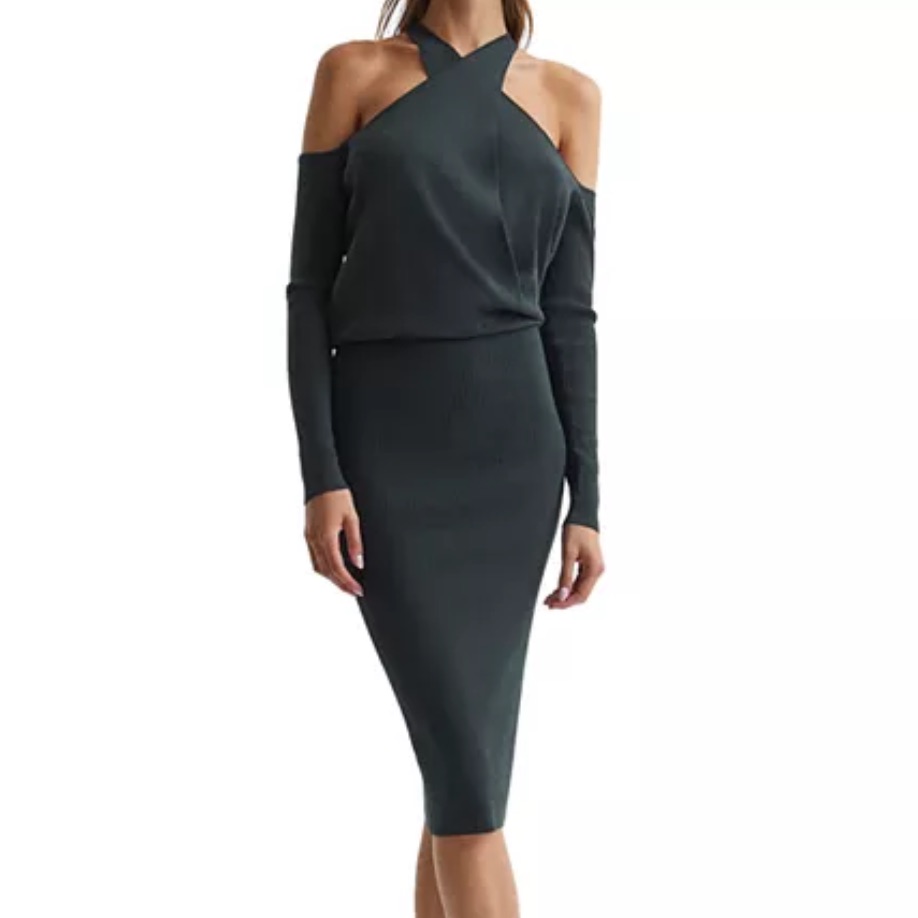 New Reiss Raina Halter Neck Knitted Bodycon Dress In Teal Size Large